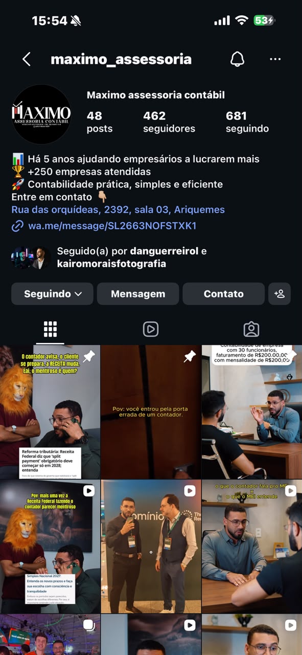 Perfil do Instagram da Maximo Assessoria Contábil