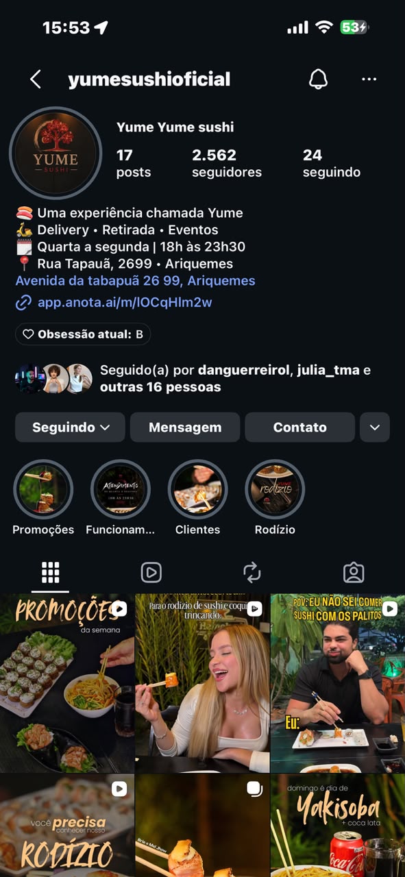 Perfil do Instagram do Yume Sushi